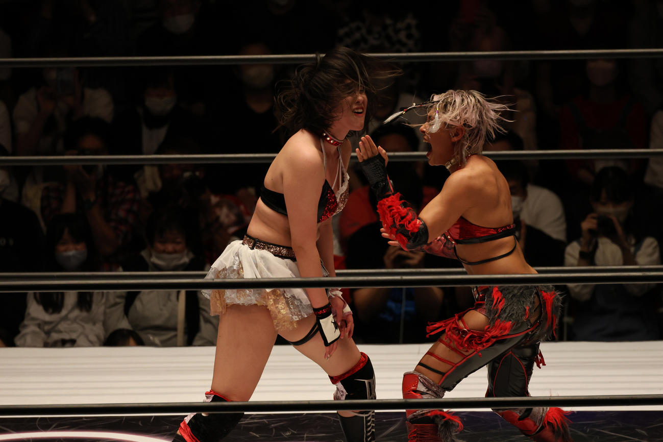 ジュリア（右）と張り手合戦をするひめか（撮影・渋谷征平）