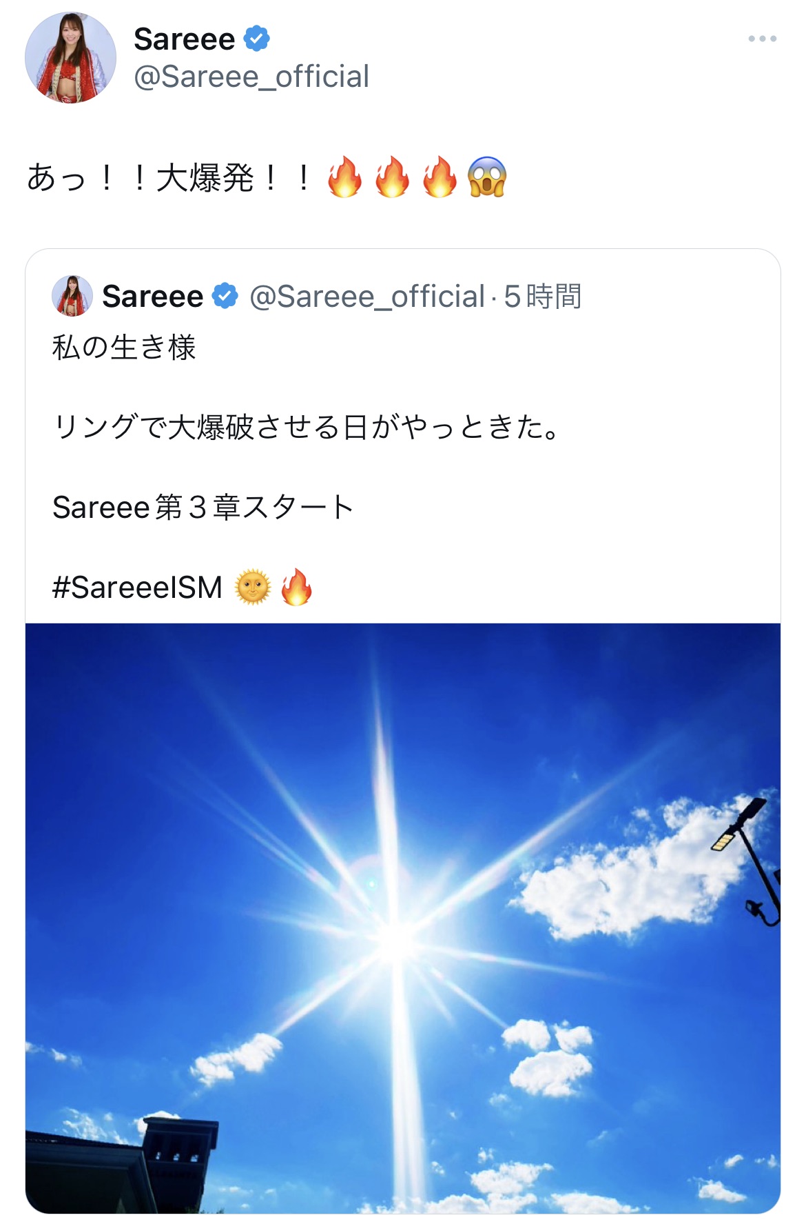 日本復帰戦を前に「リングで大爆破」と気合が空回りしたのか、間違えて“爆破予告”してしまうSareee（SareeeのTwitterから）
