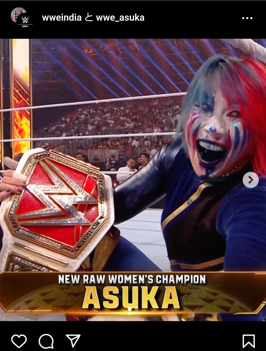ロウ女子王者ビアンカ・ブレアを下し、新王者となったアスカ（WWEインドのインスタグラムから）