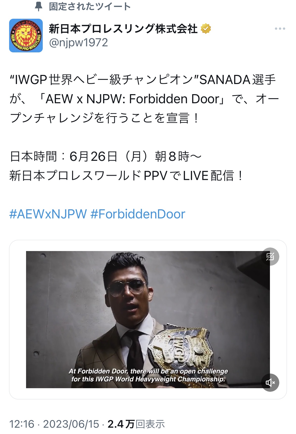AEWとの合同興行でIWGP世界ヘビー級王座のオープンチャレンジを開催すると発表した同王者の新日本プロレスSANADA（新日本プロレスのTwitterから）