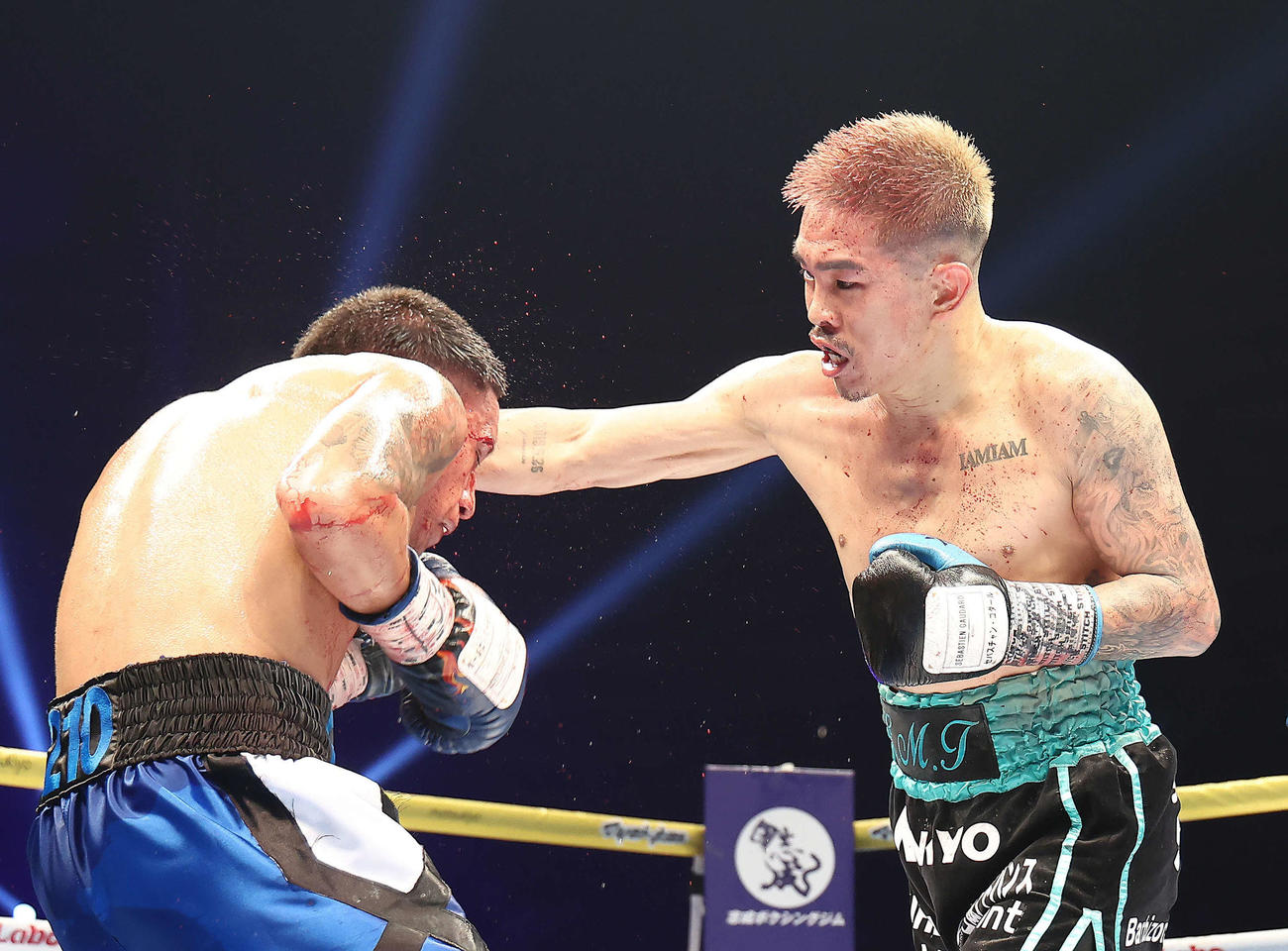 5回、フランコ（左）を攻める井岡（撮影・河田真司）