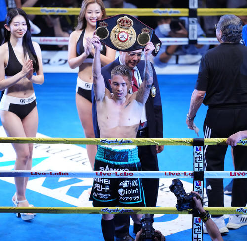 フランコに勝利し、ベルトを手にする井岡（撮影・菅敏）