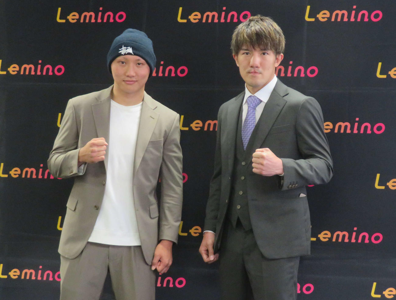タイトル戦に臨む日本フェザー級王者松本（左）とWBOアジア・パシフィック・スーパーライト級1位井上浩