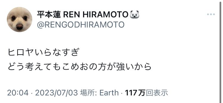 ヒロヤのRIZINデビューに否定的なコメントをつぶやいた平本蓮のTwitterから（スクリーンショット）