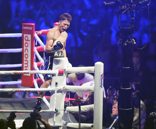 8回、フルトンをTKOで破り、雄たけびを上げる井上（撮影・菅敏）