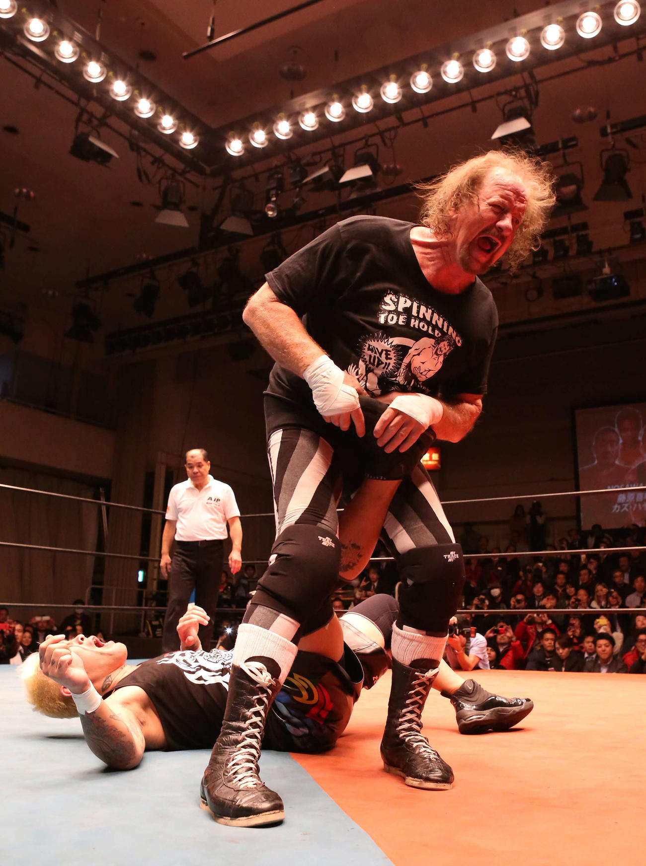 14年、NOSAWA論外に伝家の宝刀スピニングトーホールドを仕掛けるテリー・ファンク