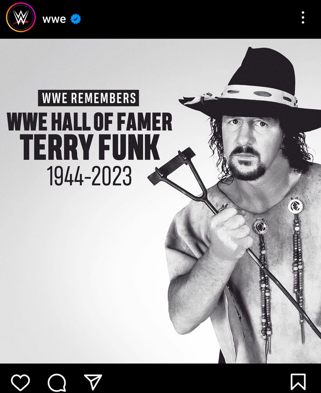 「テキサスの荒馬」テリー・ファンクさん死去を発表したWWE公式インスタグラム