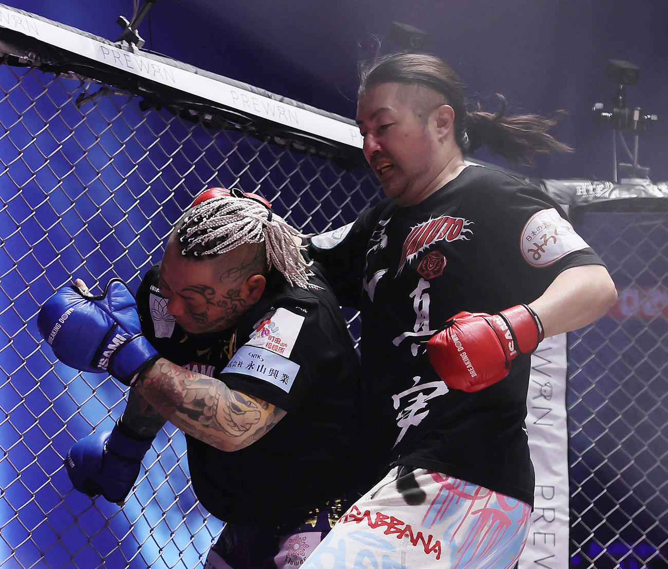 所沢のタイソン（左）を攻めるおくのたかし（撮影・足立雅史）