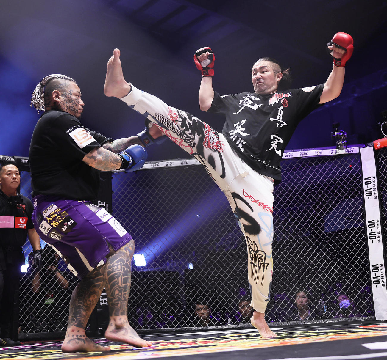 所沢のタイソン（左）を攻めるおくのたかし（撮影・足立雅史）