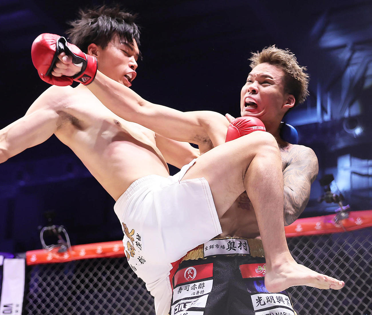 細川(北関東)（左）はダイスケ(大阪)を蹴りで攻める（撮影・足立雅史）