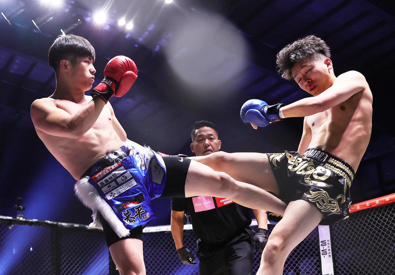 レオ（右）に蹴りを見舞う西島（撮影・足立雅史）