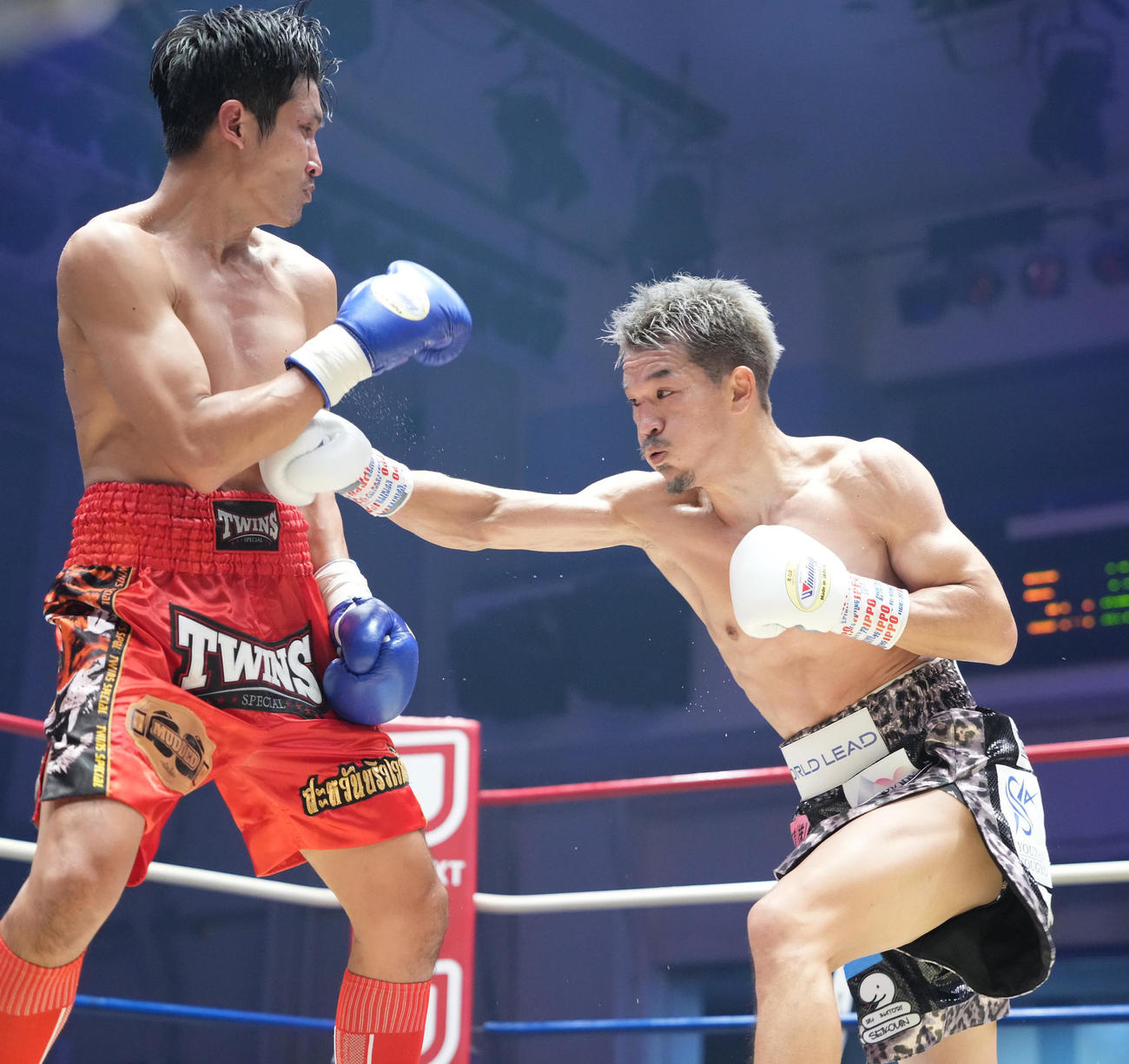 再起戦となったセッタポンとの試合でボディーを放つ尾川（右）（23年4月1日撮影）