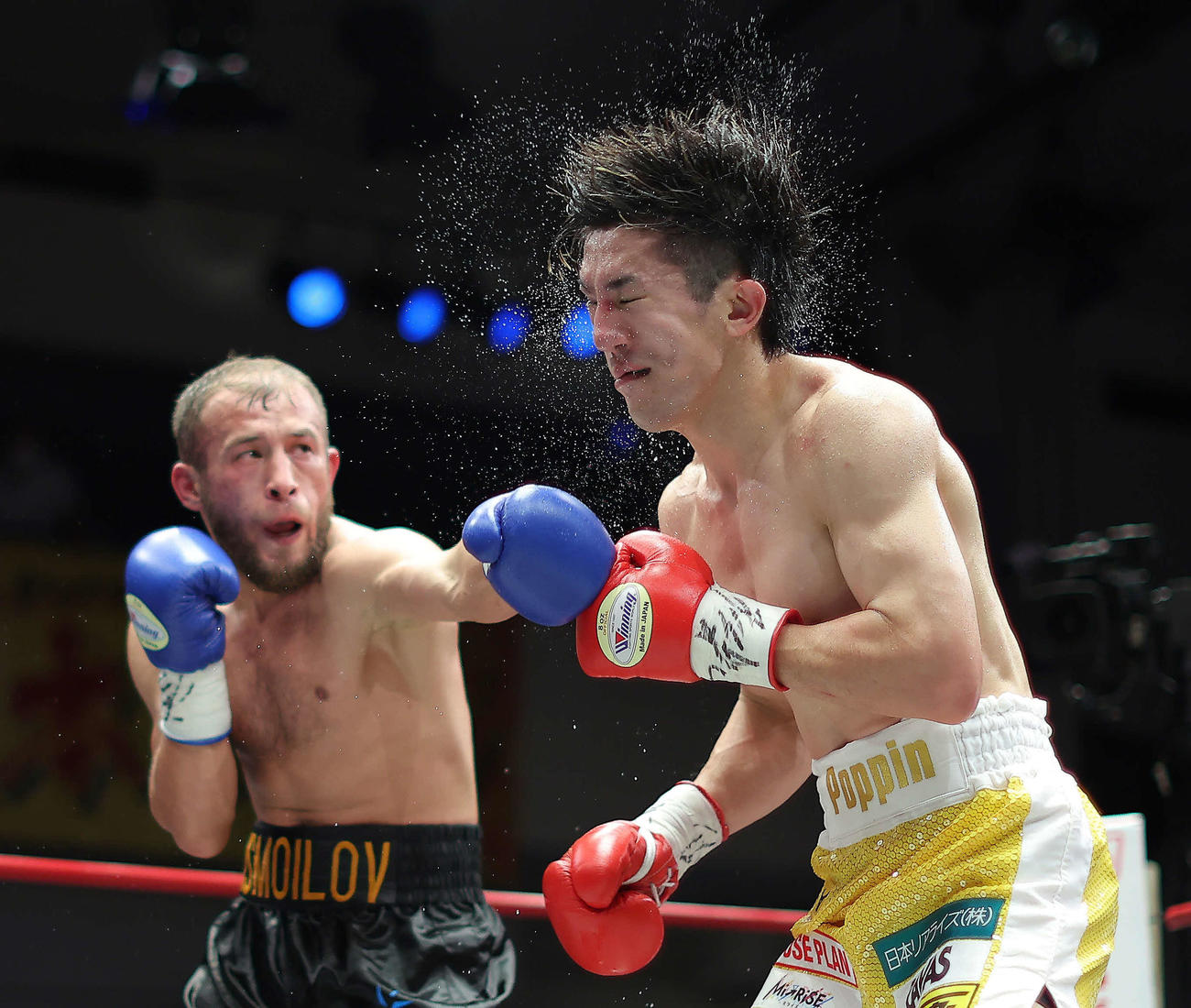 8回、アブドゥラスル・イスモリロフ（左）にパンチをもらう井上浩（撮影・河田真司）