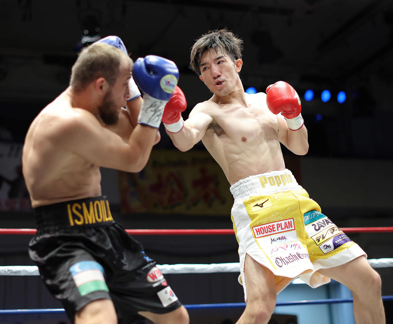1回、アブドゥラスル・イスモリロフ（左）に右アッパーを放つ井上浩（撮影・河田真司）