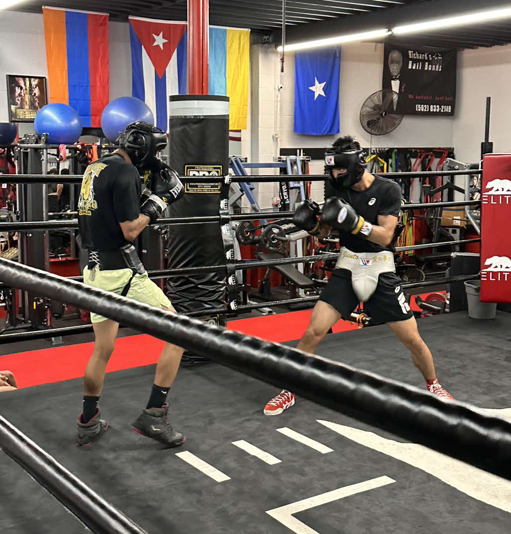米ロサンゼルスでスパーリング合宿を続けるWBO世界スーパーフライ級王者中谷潤人（右）（M・Tジム提供）