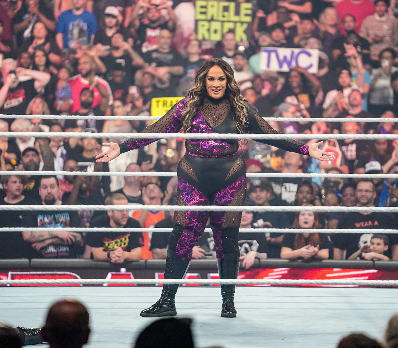 今年1月の女子ロイヤルランブルマッチ以来のWWE登場となった「大女」ナイア・ジャックス（C）2023 WWE, Inc. All Rights Reserved.