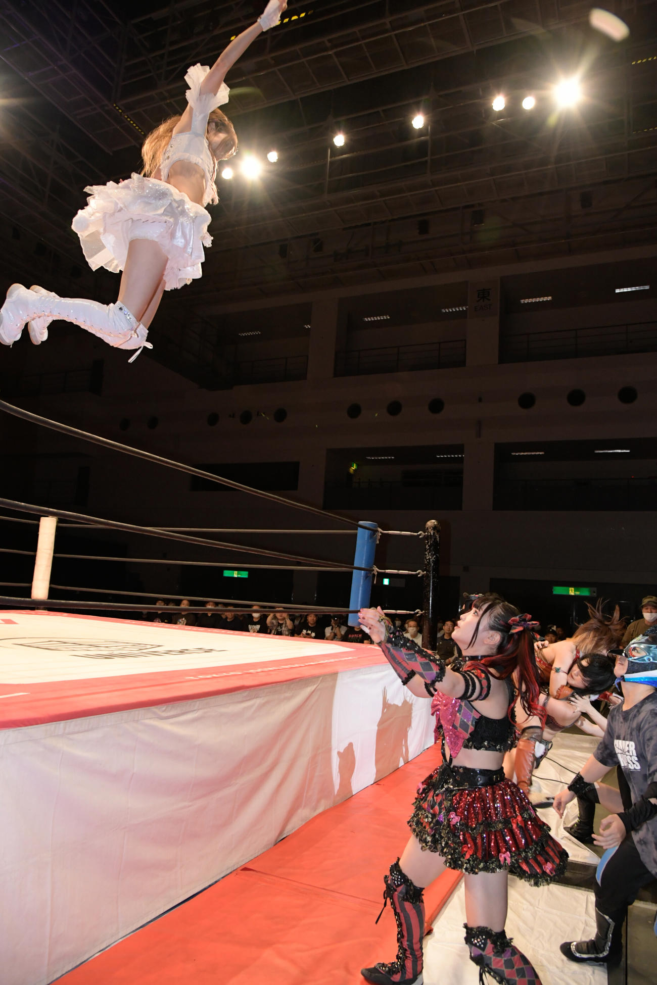 東京女子プロレス名古屋大会　場外の伊藤麻希に飛びかかる瑞希（東京女子プロレス提供）