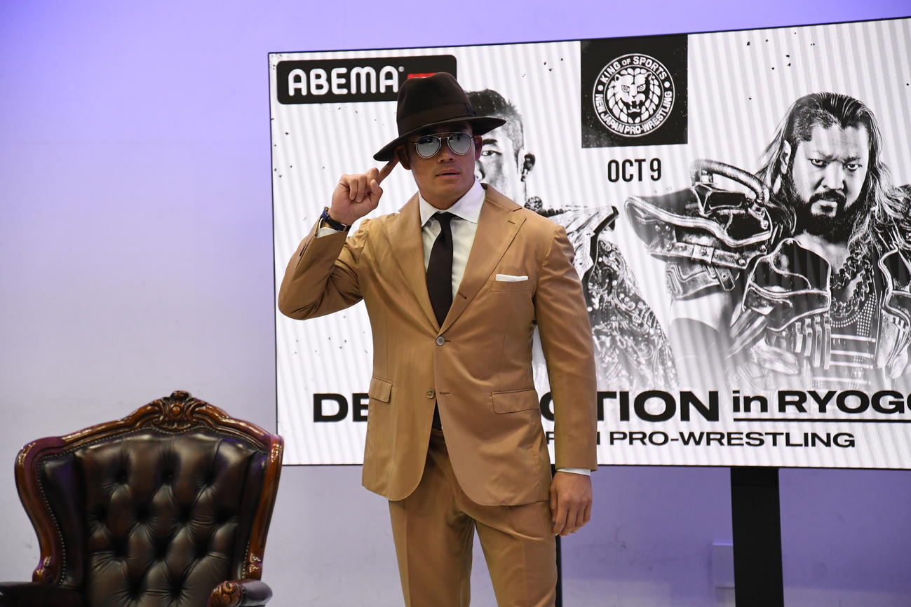 新日本×ABEMAの記者会見に臨んだSANADA（新日本プロレス提供）