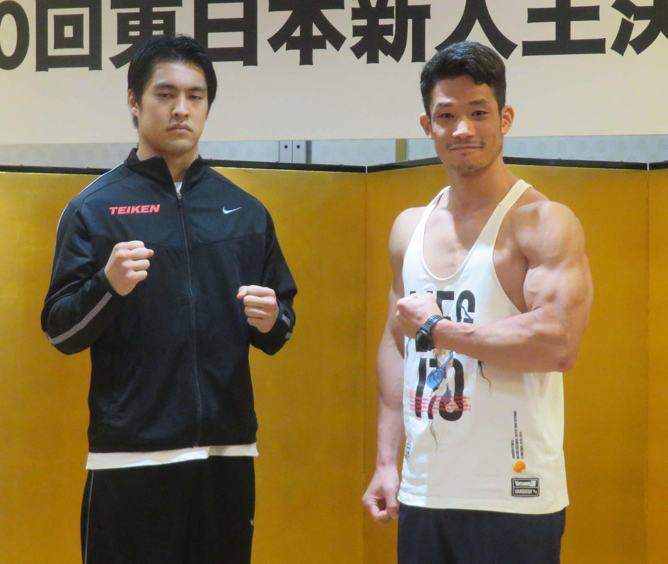 東日本新人王ミドル級決勝で激突する赤井英五郎（左）とマッチョパパ一基