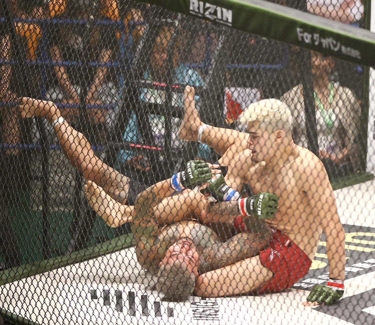 第7試合　イゴール・タナベ対ANIMAL☆KOJI 1回、ANIMAL☆KOJI（左）に関節技を決めるタナベ（撮影・上山淳一）