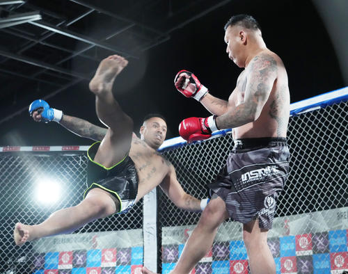 アンドレ（左）の攻撃をかわす爆音那智（撮影・菅敏）