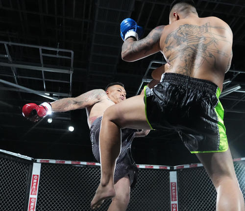 アンドレ（右）にミドルキックをさく裂する爆音那智（撮影・菅敏）