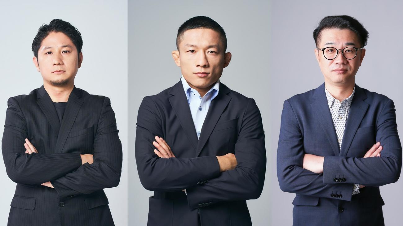 堀口恭司（中央）が立ち上げた新団体TOPBRIGHTSは兄健太CEO（左端）に加え、新CEOに山田義則氏も加入するダブルCEO体制に