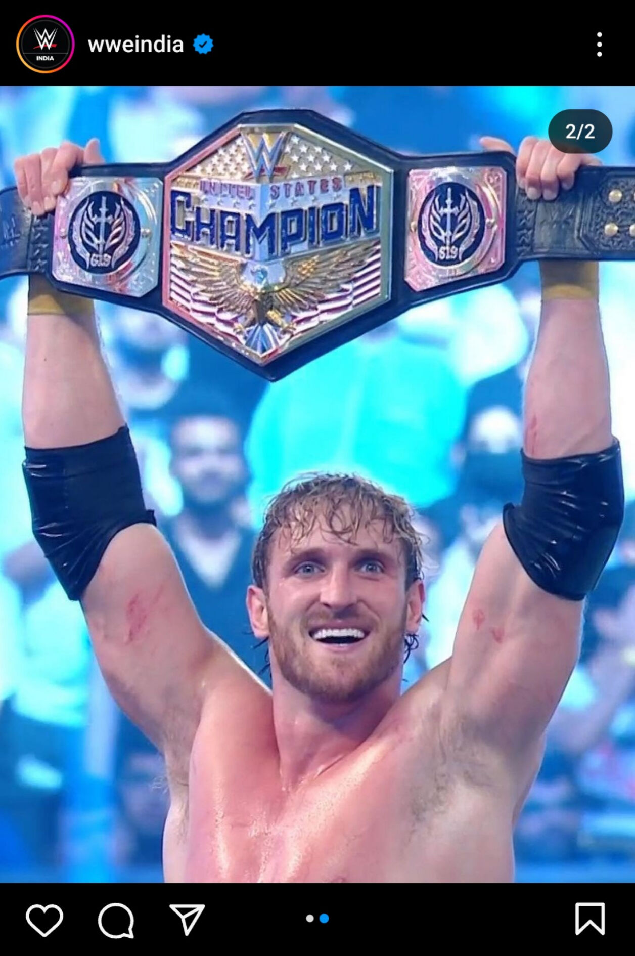 WWE・US王座ベルトを掲げるユーチューバー格闘家のローガン・ポール（WWEインド公式インスタグラムから）