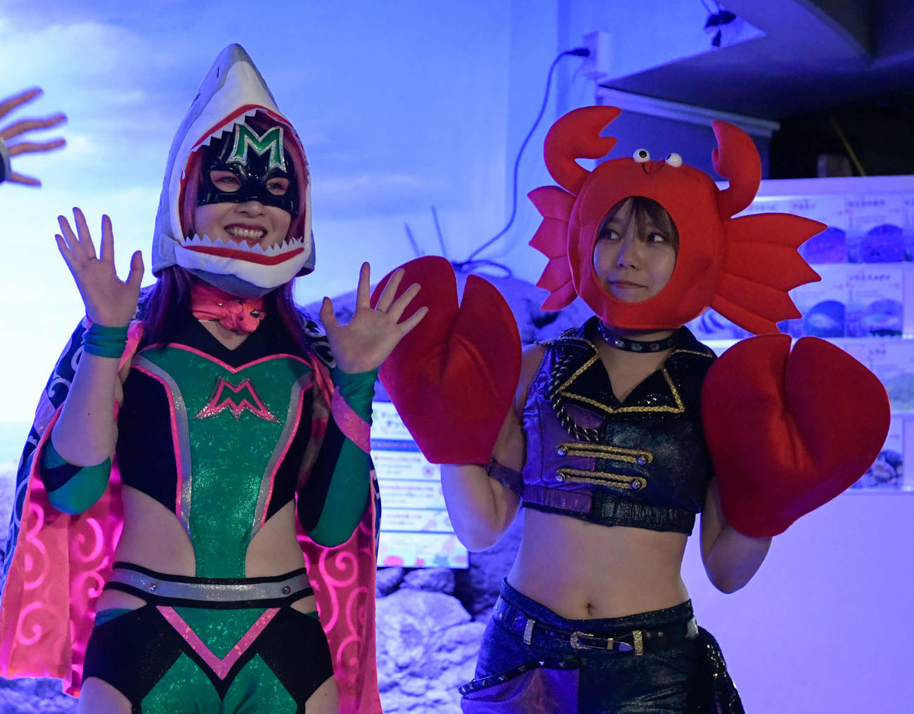 東京女子プロレス　サメの格好をしたハイパーミサヲとカニの格好をした角田奈穂（東京女子プロレス提供）