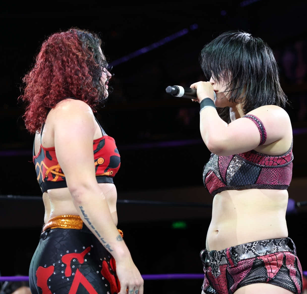 東京女子プロレス　マーシャ・スラモビッチをマイクで罵倒する山下実優（東京女子プロレス提供）