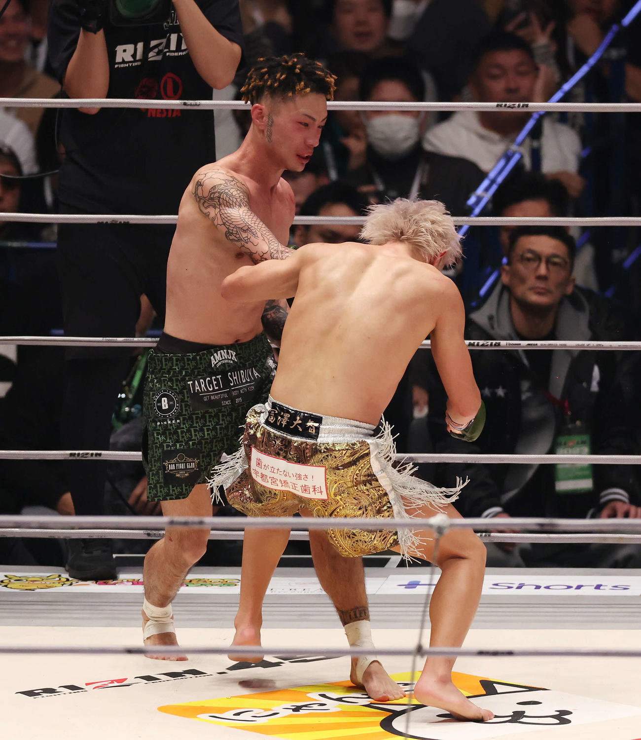 3回、冨沢大智（右）からダウンを奪う篠塚辰樹（撮影・宮地輝）