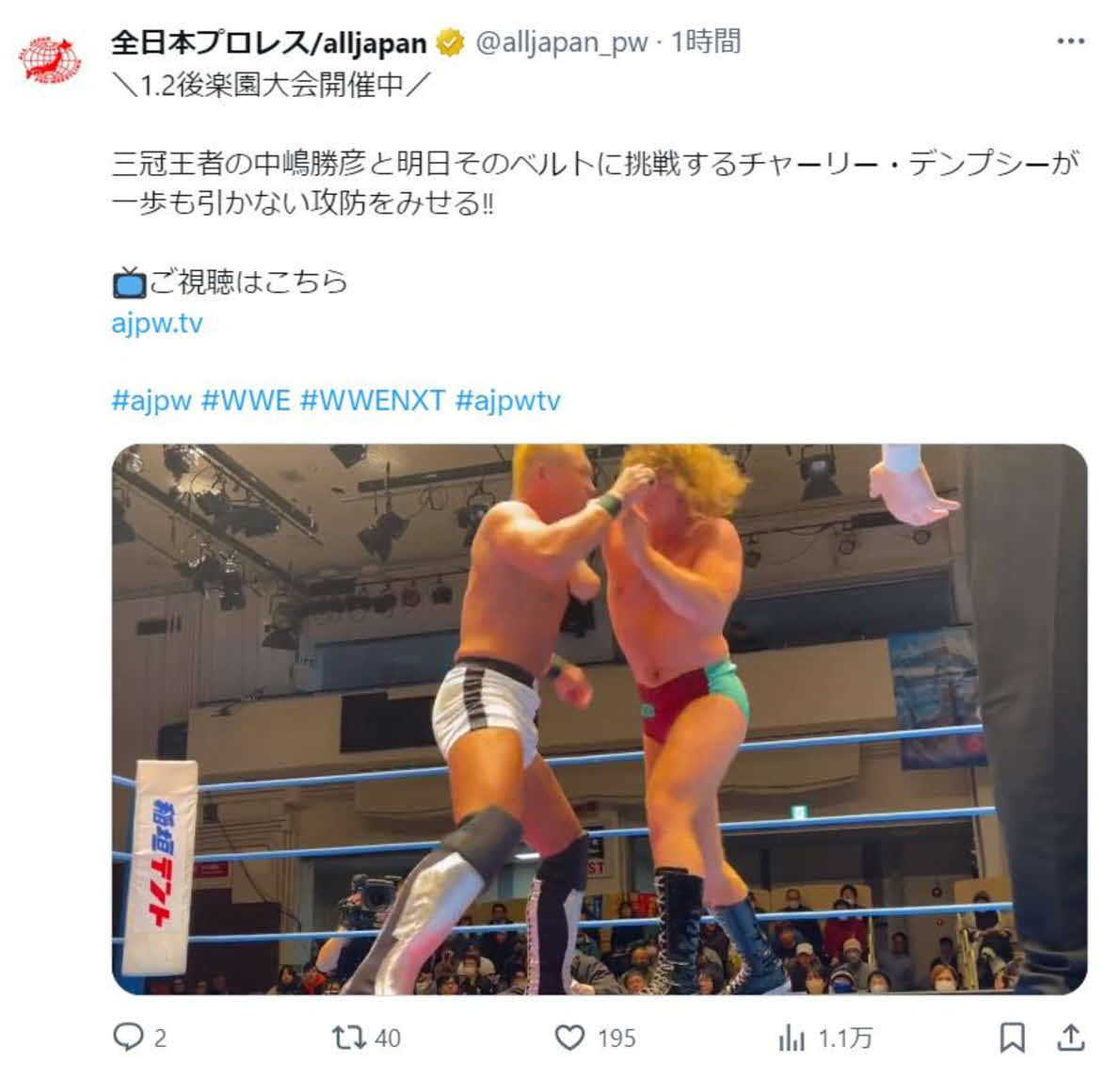 中嶋とデンプシーは1歩も引かない打ち合いを演じた（全日本プロレス公式Xから）