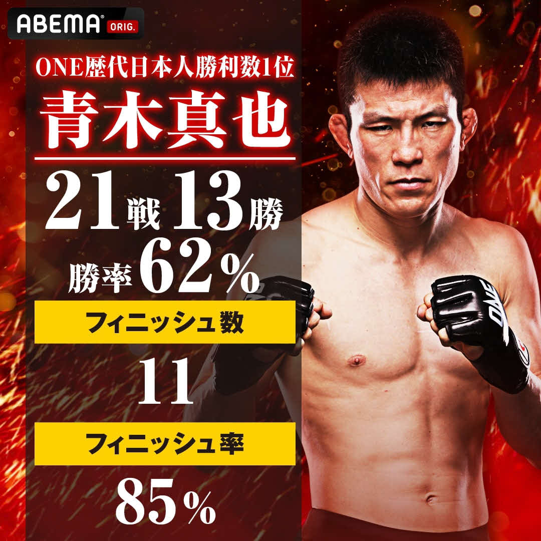 ONEでの日本人最多勝利は青木の13勝（（C）AbemaTV,Inc.）（（C）ONE Championship）