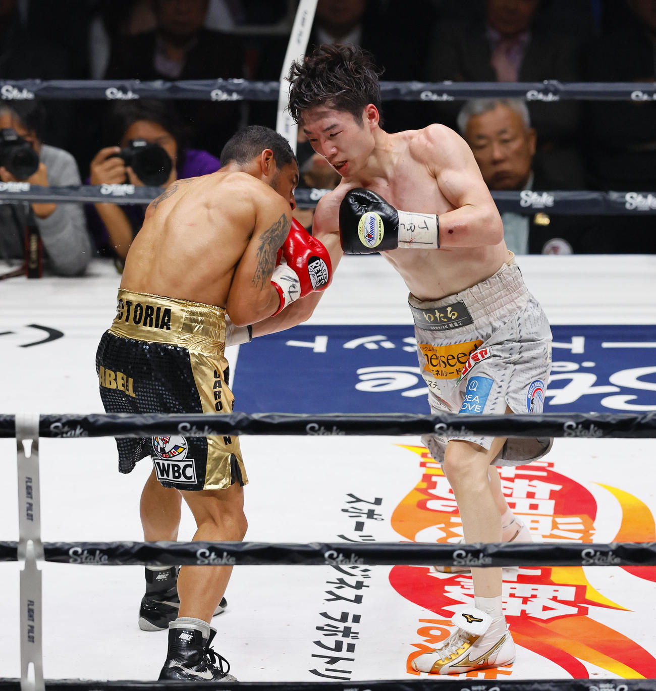 9回、カニサレスにパンチを放つ寺地（撮影・藤尾明華）