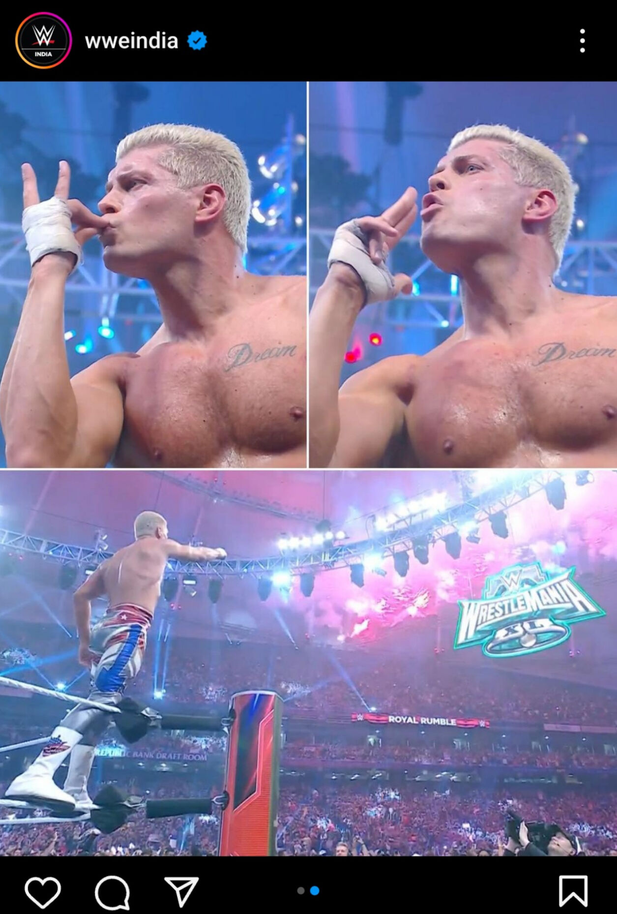 男子ロイヤルランブル戦の連覇を果たした「アメリカン・ナイトメア」コーディ・ローデス（WWEインド公式インスタグラムから）