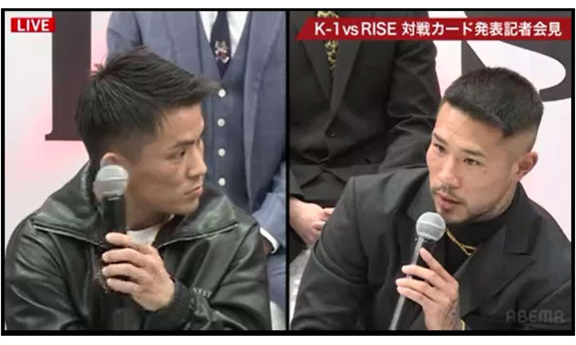 試合前のマイクから火花を散らしたRISEの中村寛（右）とK－1の与座優貴（ABEMA生中継の対戦カード発表記者会見から）