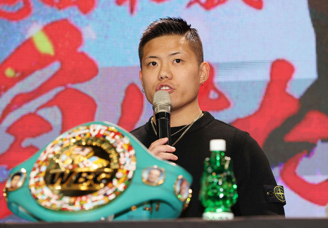 「3150FIGHT vol．8」発表記者会見で試合への意気込みを語る重岡優（撮影・宮地輝）
