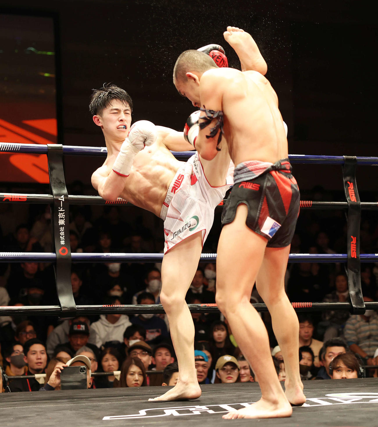4回、プレーオプラーオ（右）に蹴りを入れる吉成（撮影・宮地輝）