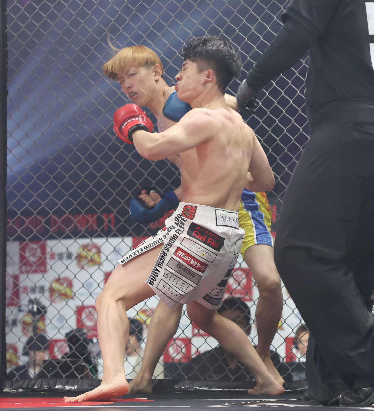 西島恭平（手前）にパンチを入れる井原良太郎（撮影・宮地輝）