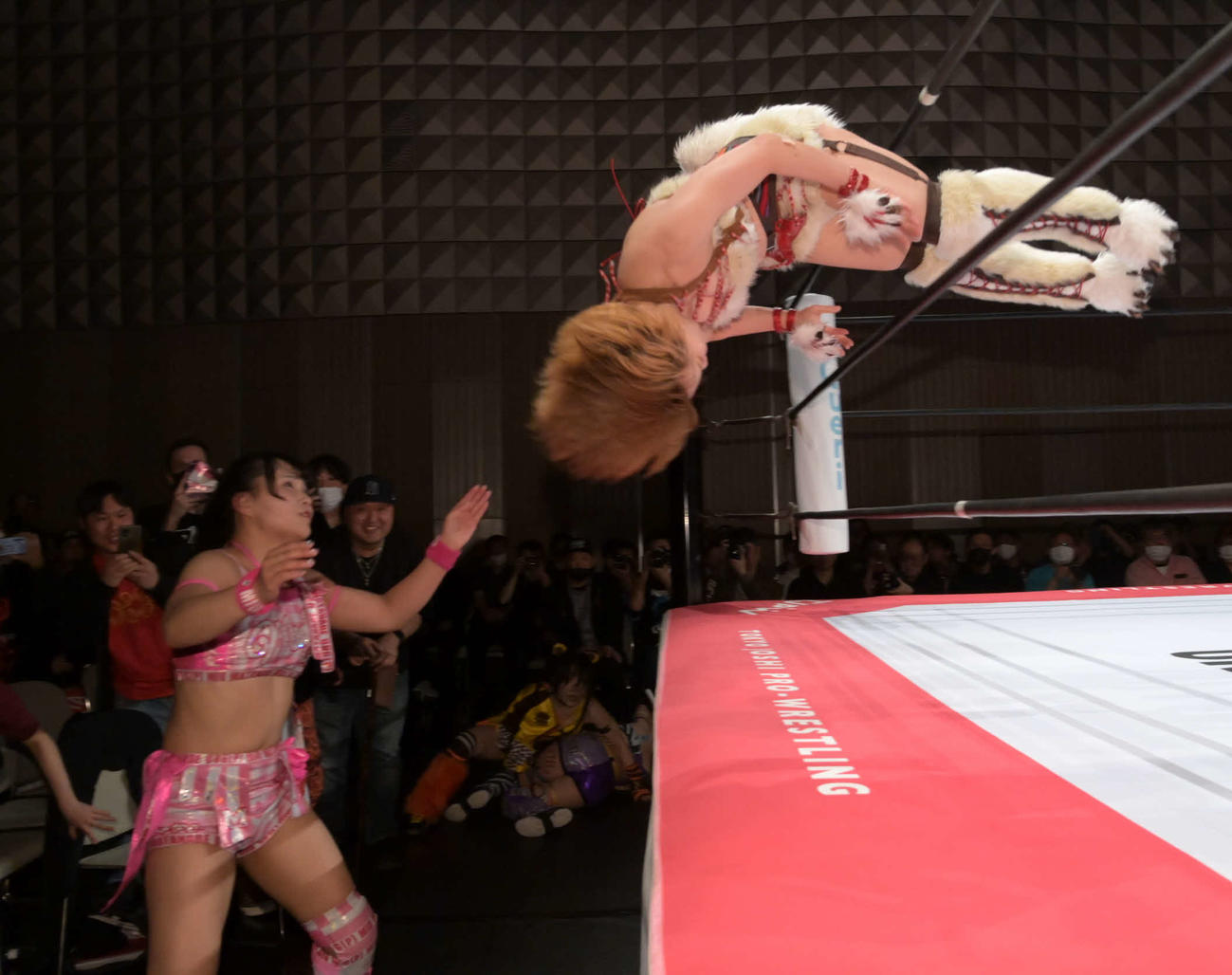東京女子プロレス　渡辺未詩にトペ・コンヒーロを決める中島翔子（右）（東京女子プロレス提供）