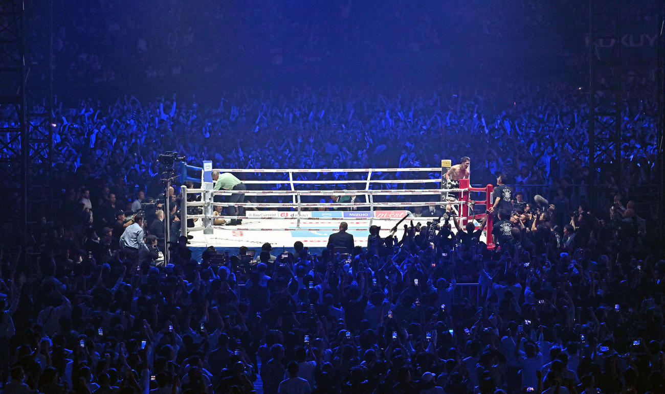 6回、ネリにTKO勝ちした井上尚はコーナに登り雄たけびを上げる（撮影・滝沢徹郎）