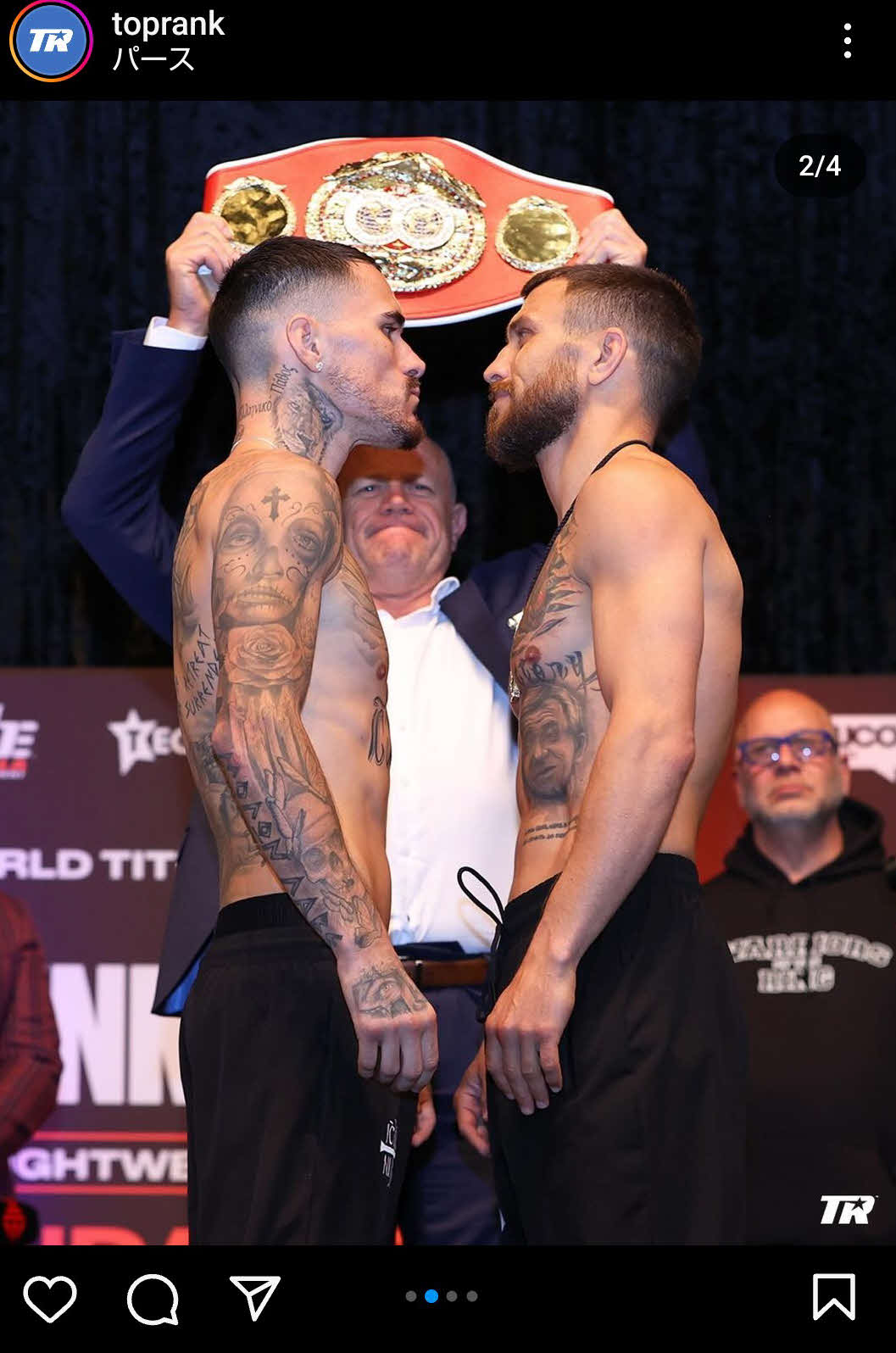 IBF世界ライト級王座決定戦で拳を交えるジョージ・カンボソスJr．（左）とフェースオフするワシル・ロマチェンコ（トップランク公式インスタグラムから）