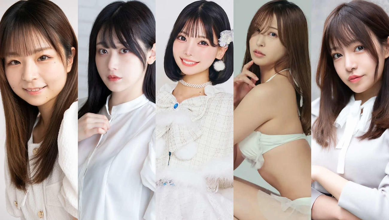 新たにKNOCK OUTガールズに加わる（左から）茜紬うた、要あい、米倉みゆ、そちお、おさかな伯爵　（C）KNOCK OUT