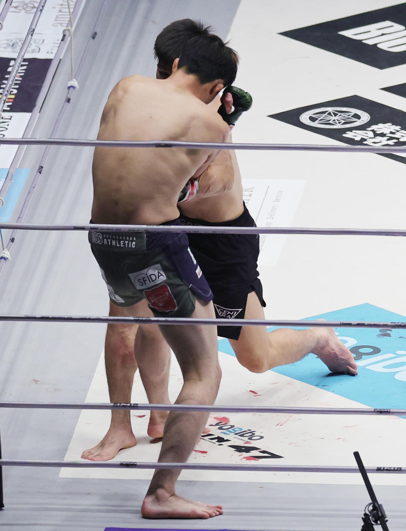 1回、関鉄矢（手前）にボディーを決めKO勝ちするカルシャガ・ダウトベック（撮影・野上伸悟）