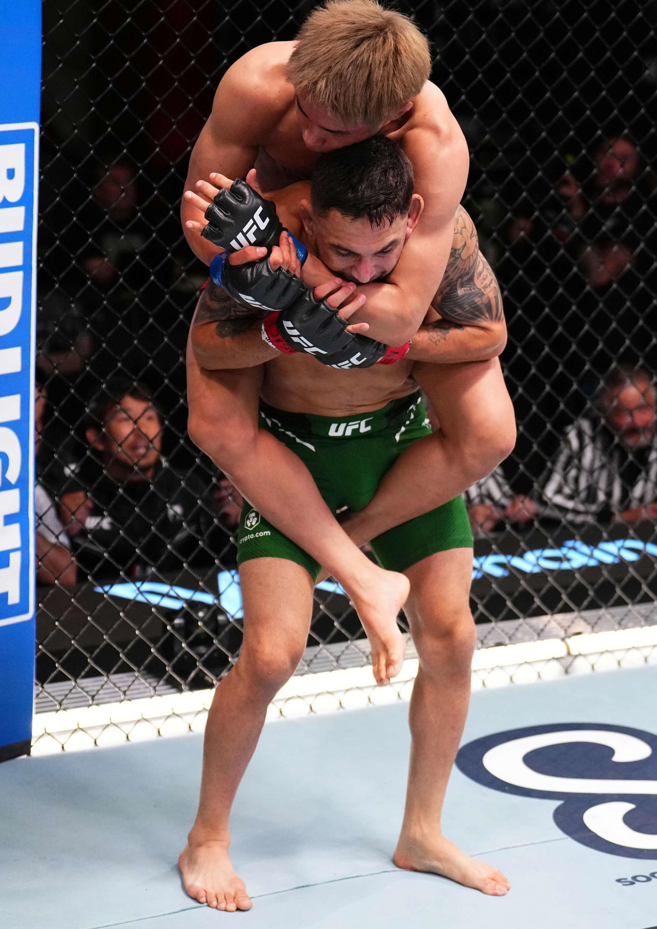 立ち上がったアレックス・ペレス（下）の背後から裸絞めを狙う平良（C）Zuffa LLC／UFC