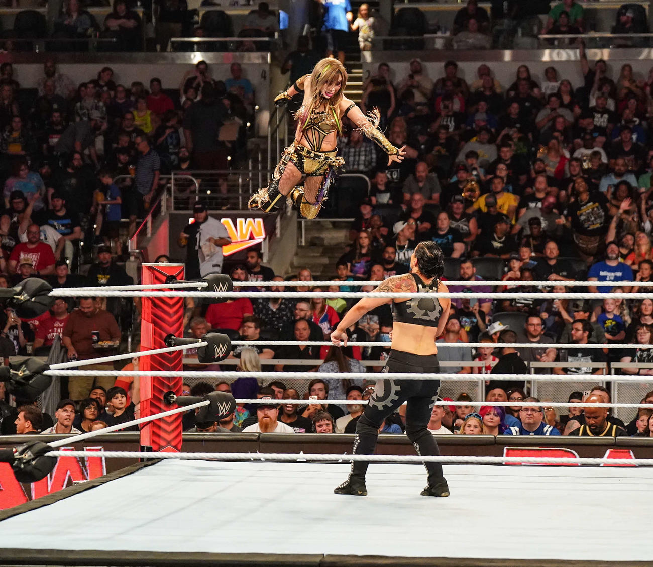 シェイナ・ベイズラー（右下）に向けてインセインエルボーを狙うカイリ・セイン（C）WWE