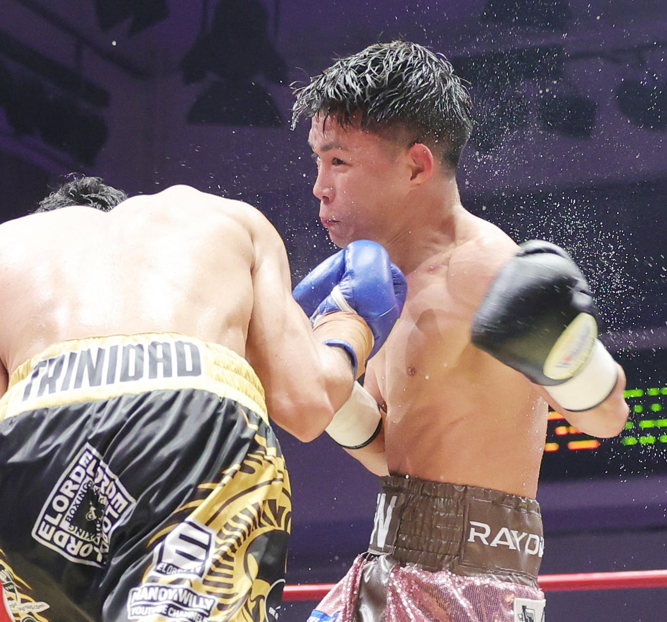 5回、トリニダード（左）と打ちあう岩田（撮影・野上伸悟）