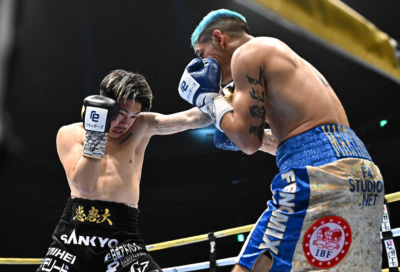 井岡一翔対フェルナンド・マルティネス　2回、打ち合う井岡（左）とマルティネス（撮影・滝沢徹郎）