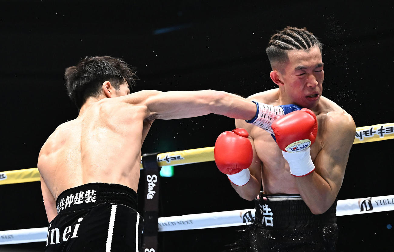 横山葵海対ワン・ハオ　1回、ワン・ハオ（右）からダウンを奪う横山（撮影・滝沢徹郎）