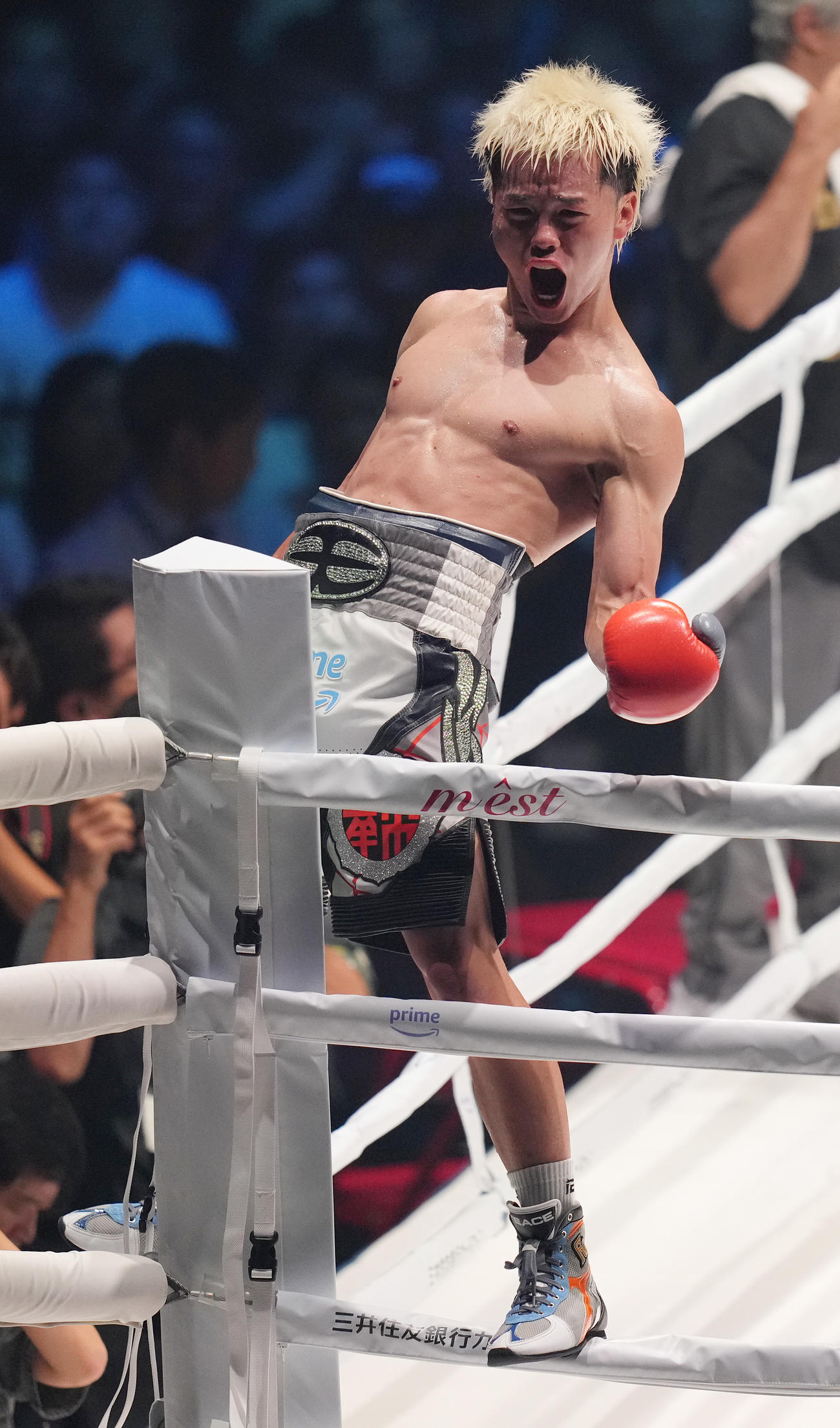 ロドリゲスに3回TKO勝ちし、雄たけびを上げる那須川（撮影・鈴木みどり）